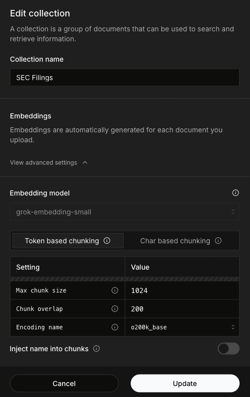 Edit collection modal with configuration