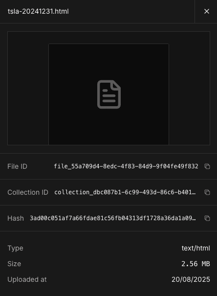 Document details modal showing file ID, collection ID, and file hash