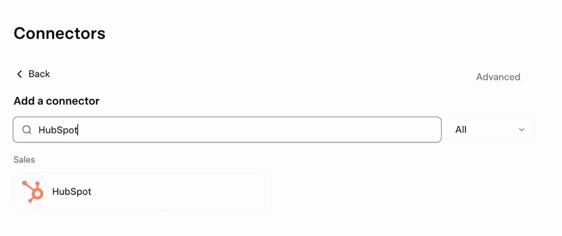 Grok Connectors page showing HubSpot in the Add a connector search results