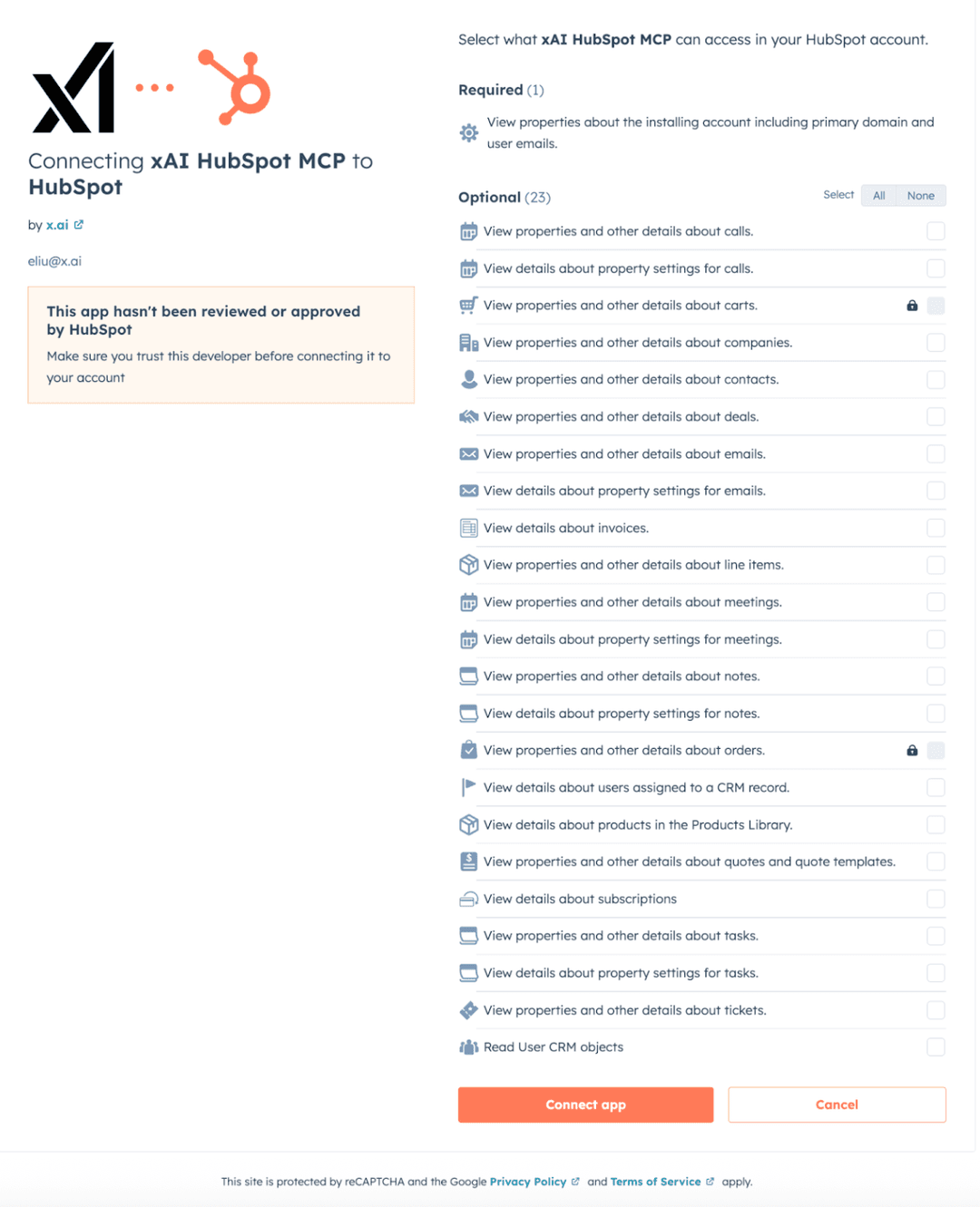 HubSpot permissions page showing read-only scopes for xAI HubSpot MCP