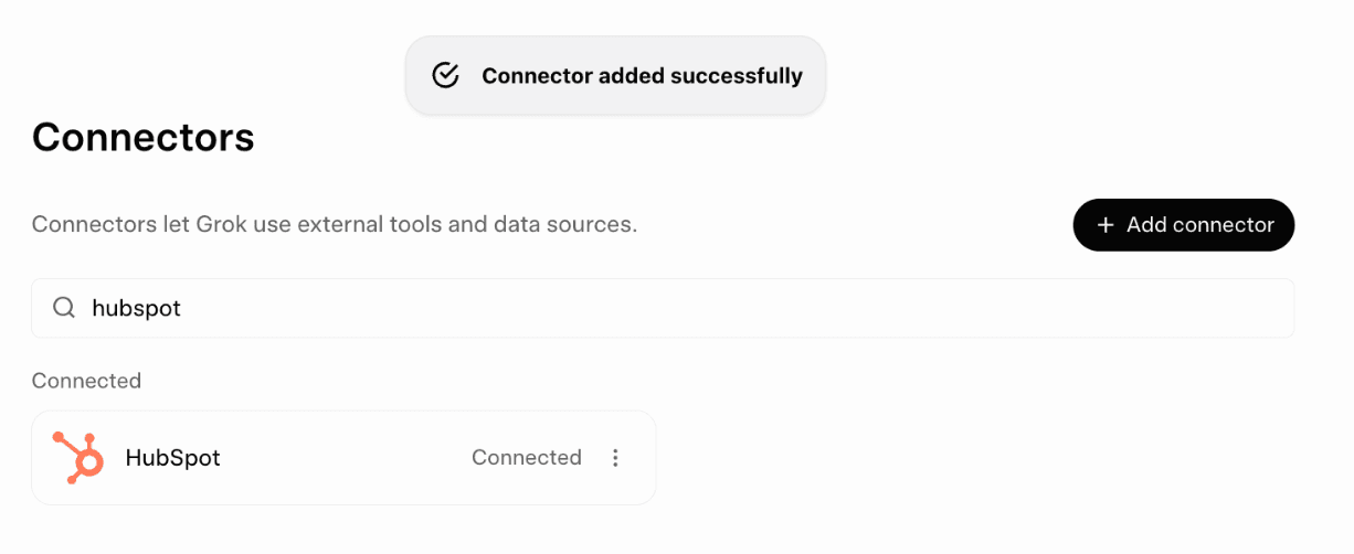 Grok Connectors page showing HubSpot successfully connected