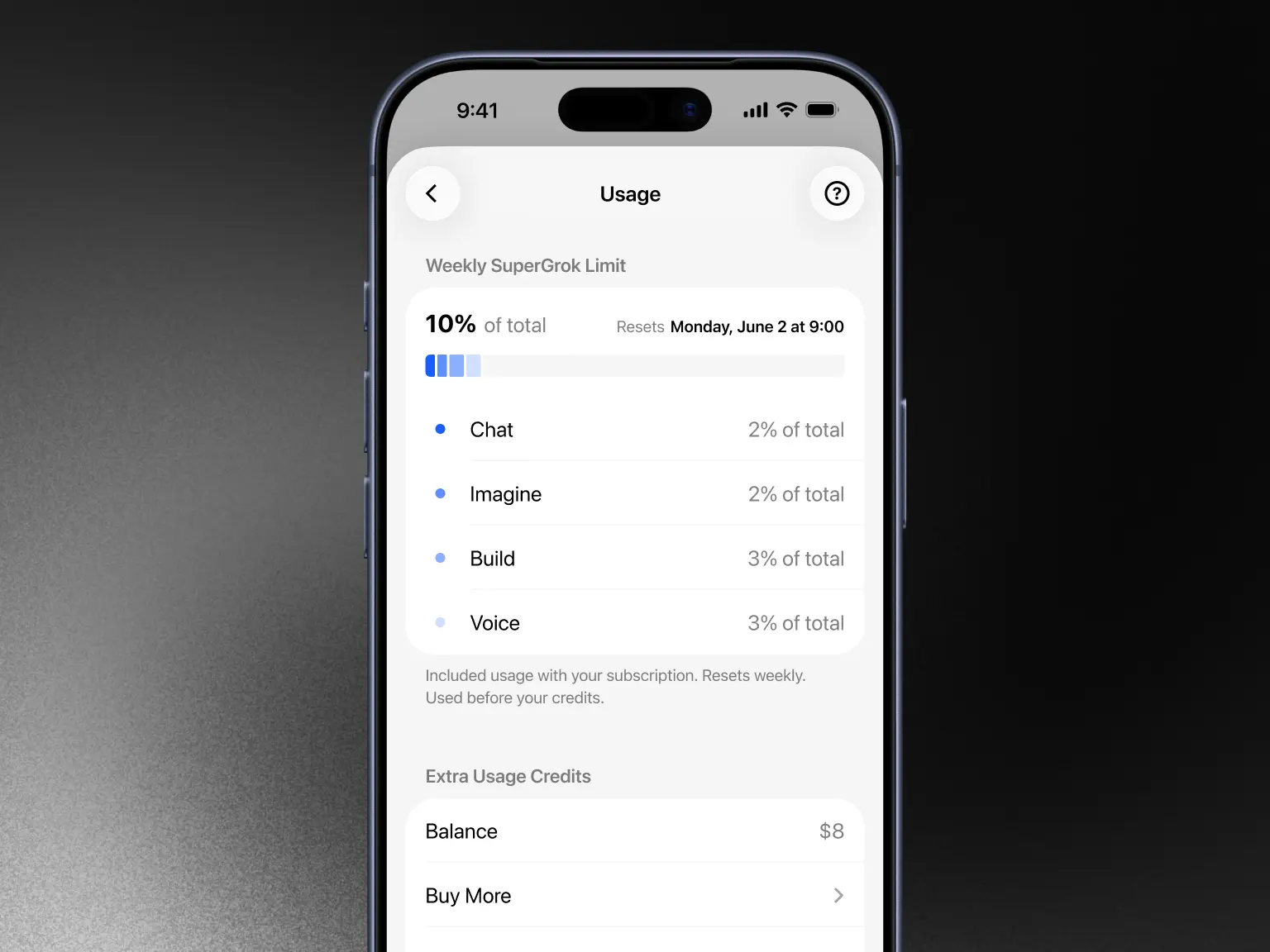 Usage tab in Settings showing the Weekly SuperGrok Limit broken down by product and the Extra Usage Credits balance