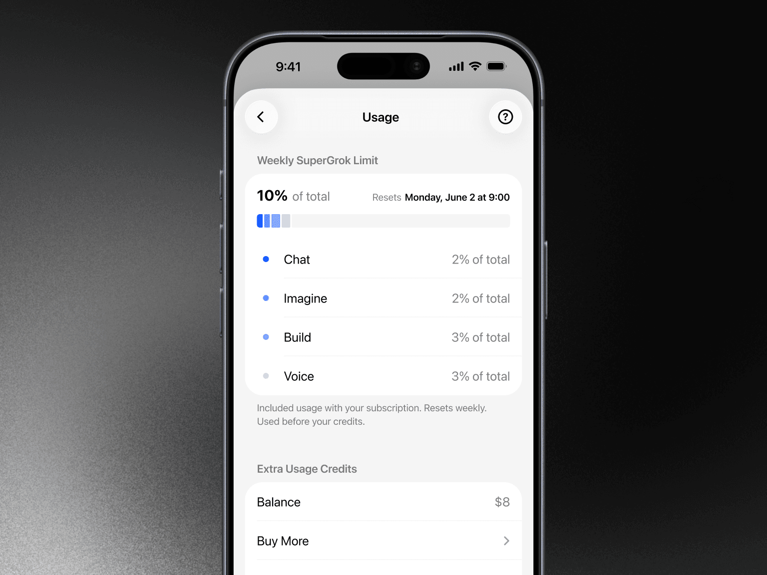 Usage tab in Settings showing the Weekly SuperGrok Limit broken down by product and the Extra Usage Credits balance