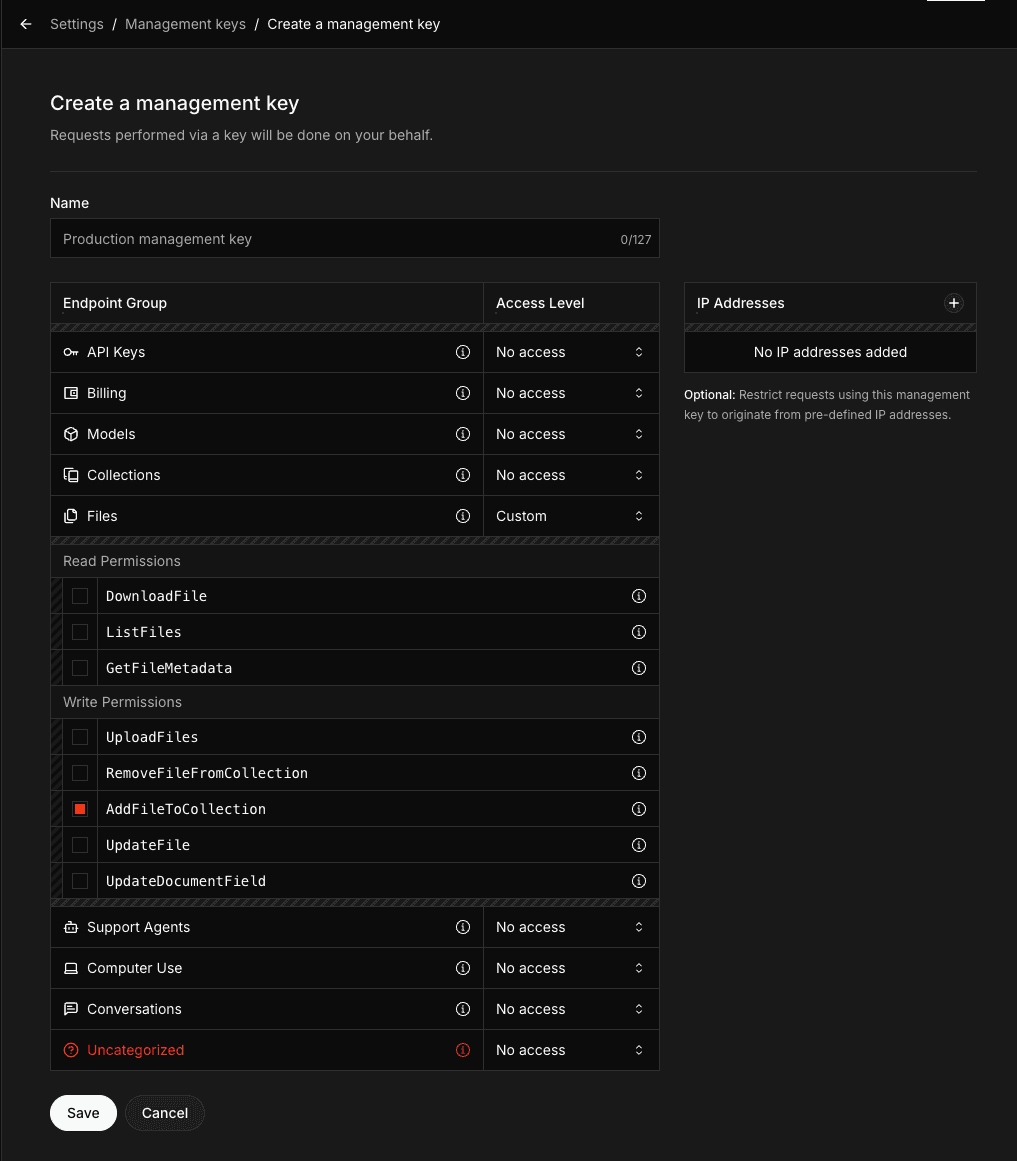 Create Management Key with AddFileToCollection permission