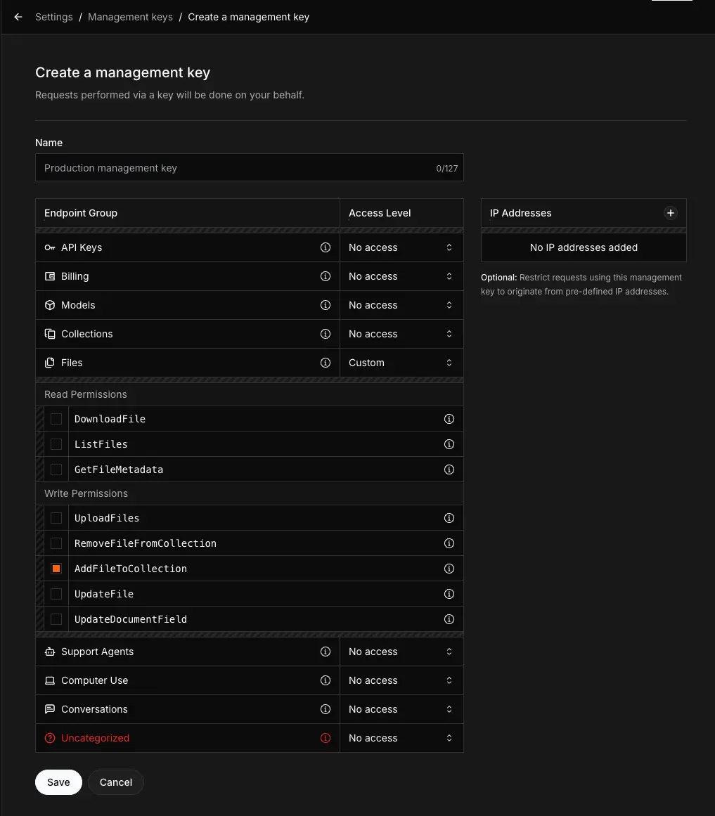Create Management Key with AddFileToCollection permission