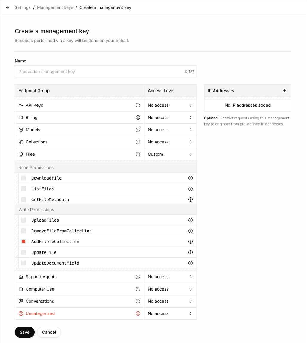 Create Management Key with AddFileToCollection permission