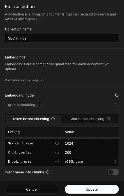 Edit collection modal with configuration