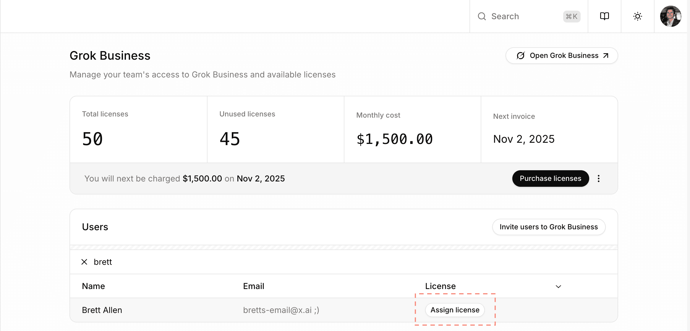 Activating a license on the Grok Business overview page