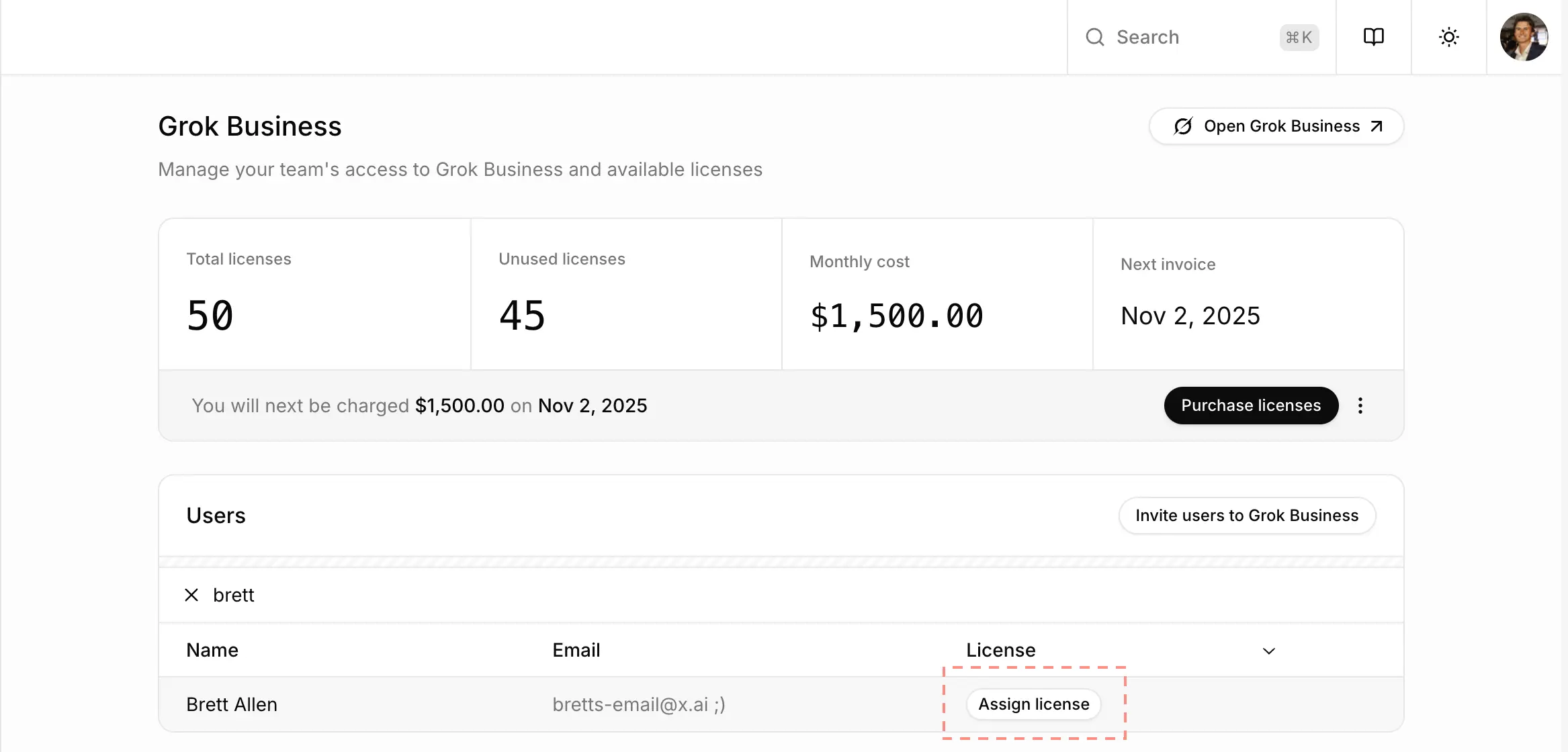 Activating a license on the Grok Business overview page
