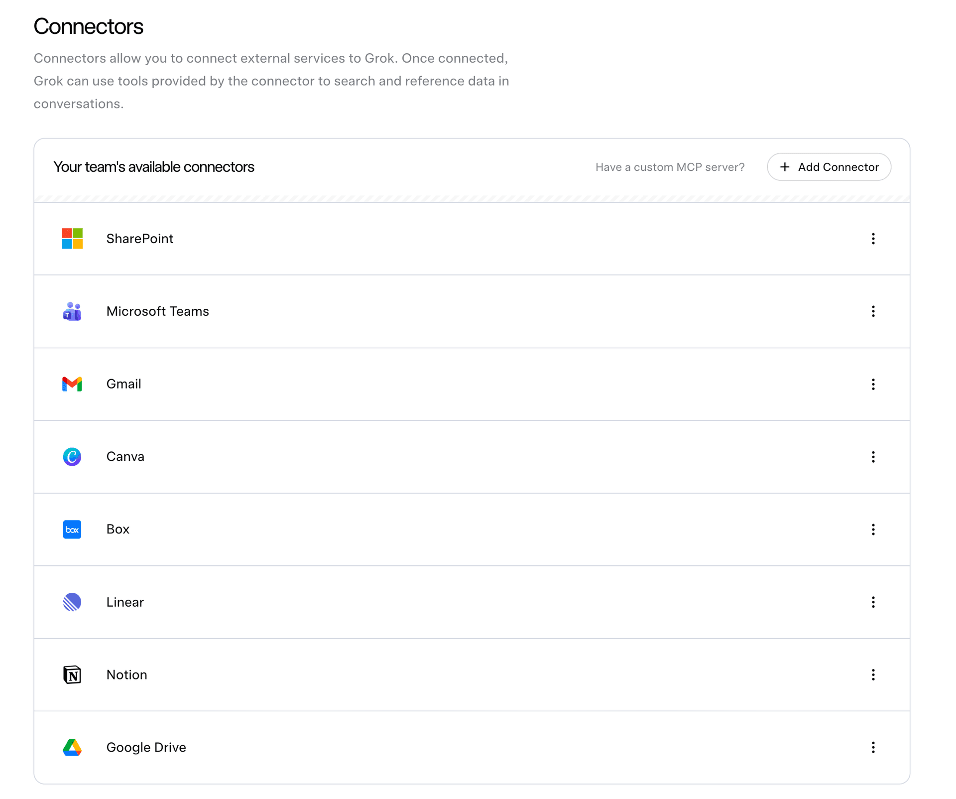 Grok Business connectors page showing your team's available connectors