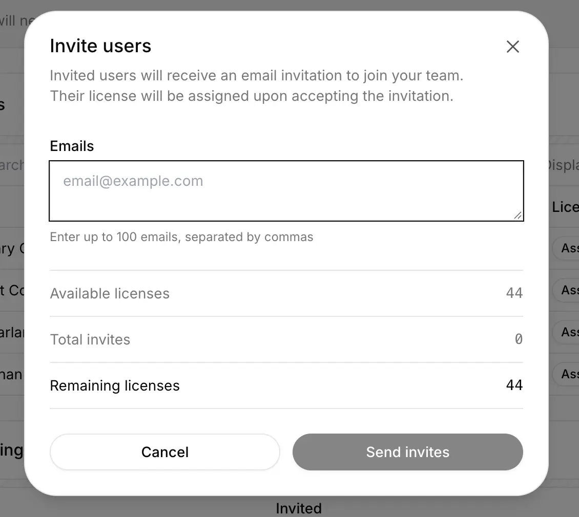 Inviting users and viewing the invited users list