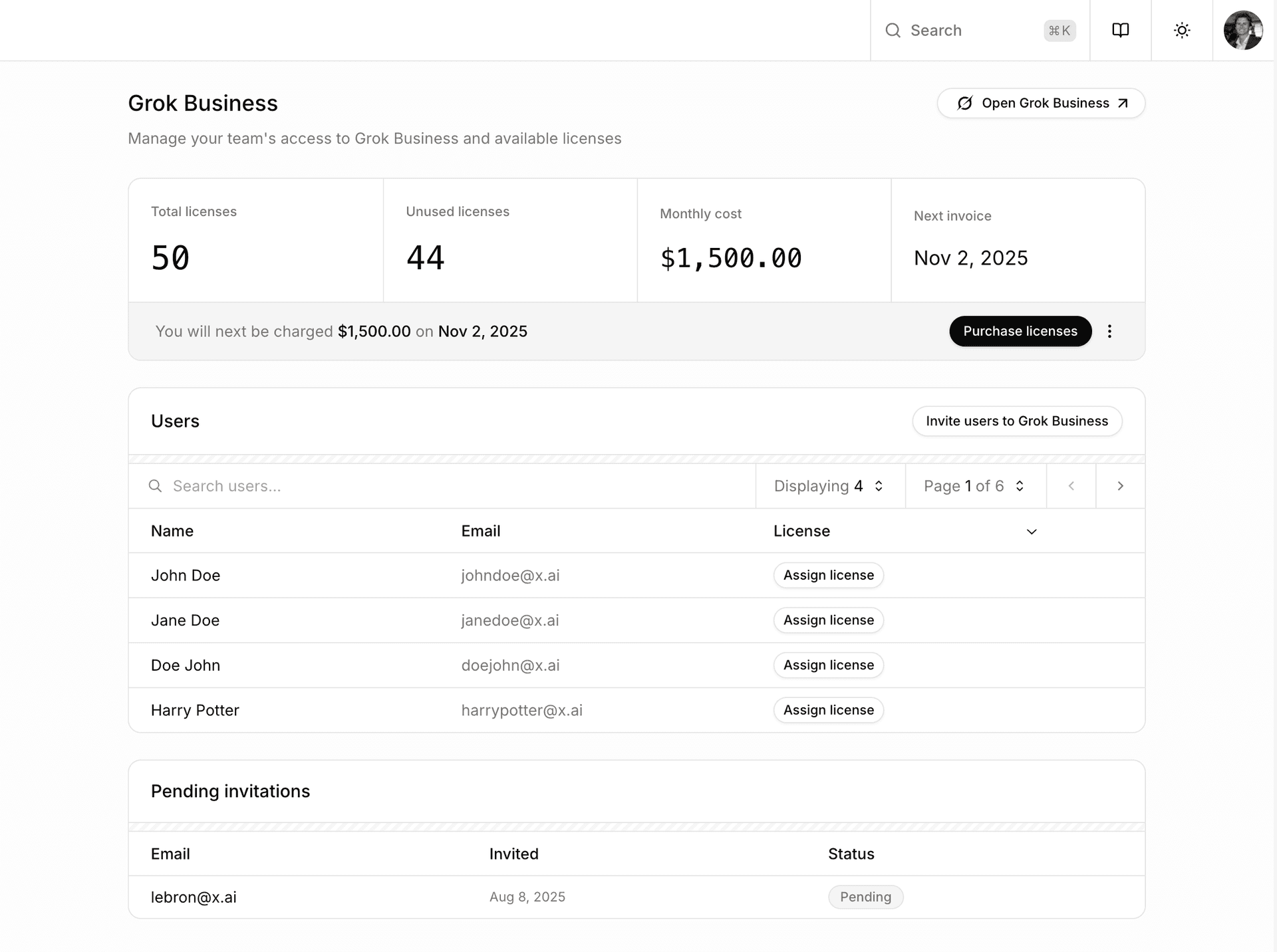 Grok Business overview page for license and user management