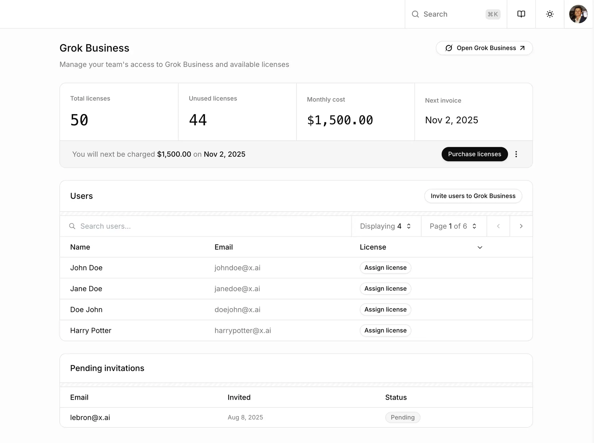Grok Business overview page for license and user management