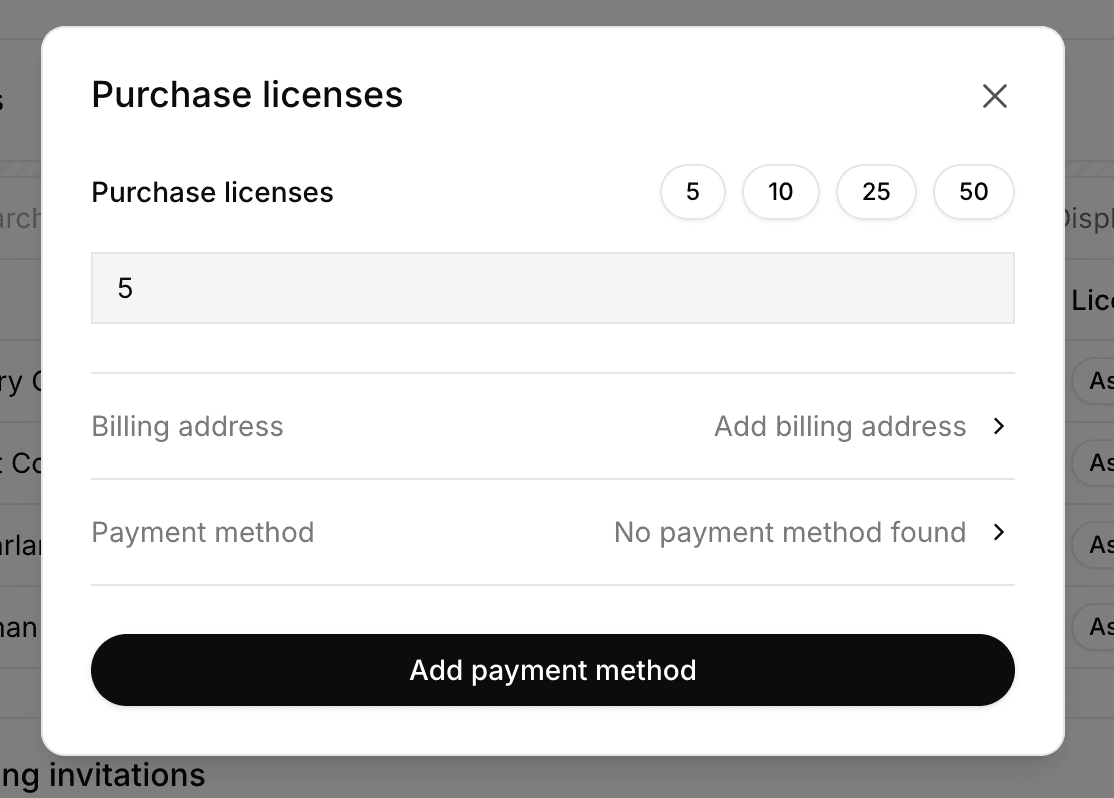 Purchasing licenses on the overview page