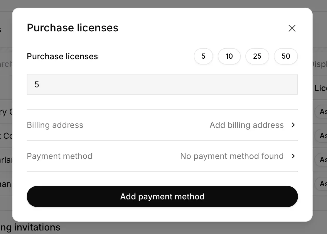 Purchasing licenses on the overview page