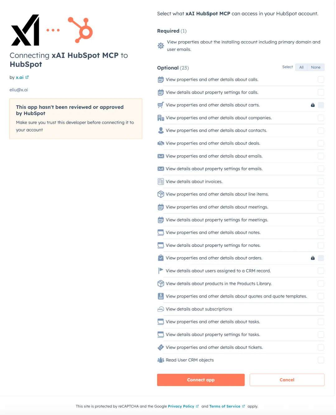 HubSpot permissions page showing read-only scopes for xAI HubSpot MCP