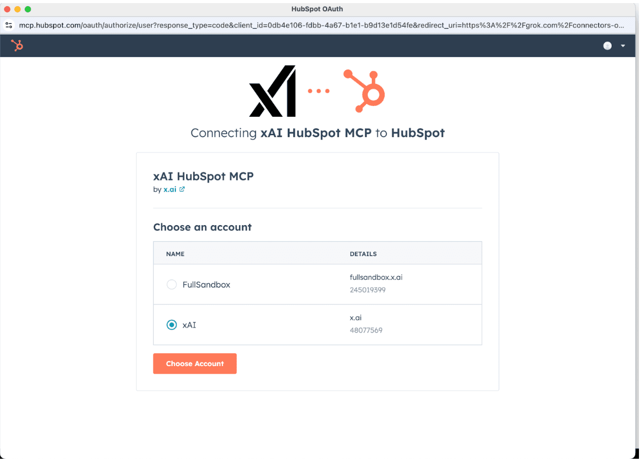 HubSpot OAuth page showing account selection for xAI HubSpot MCP