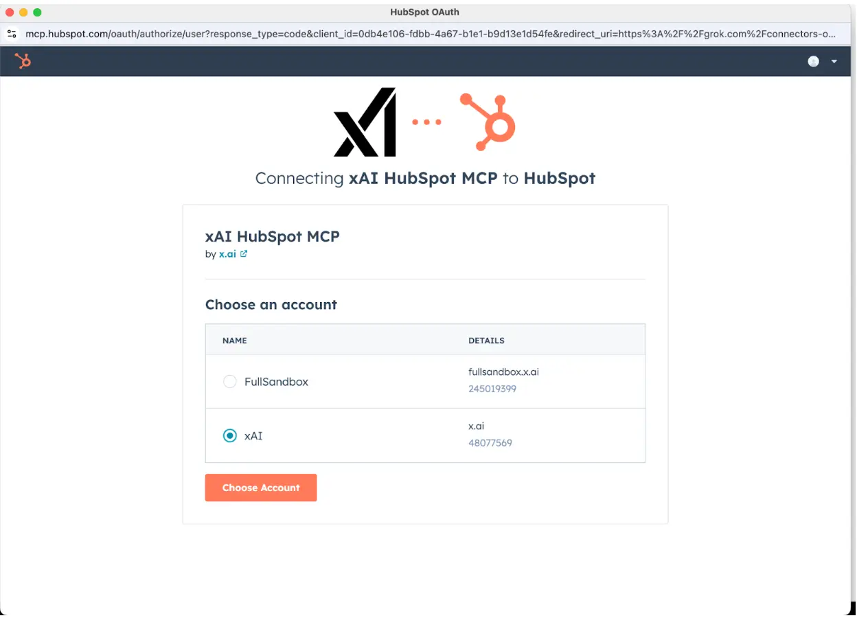 HubSpot OAuth page showing account selection for xAI HubSpot MCP