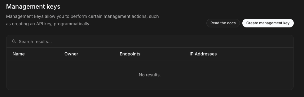 Management API keys table in xAI Console settings showing available management keys