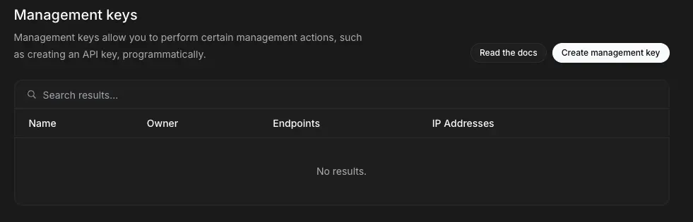 Management API keys table in xAI Console settings showing available management keys