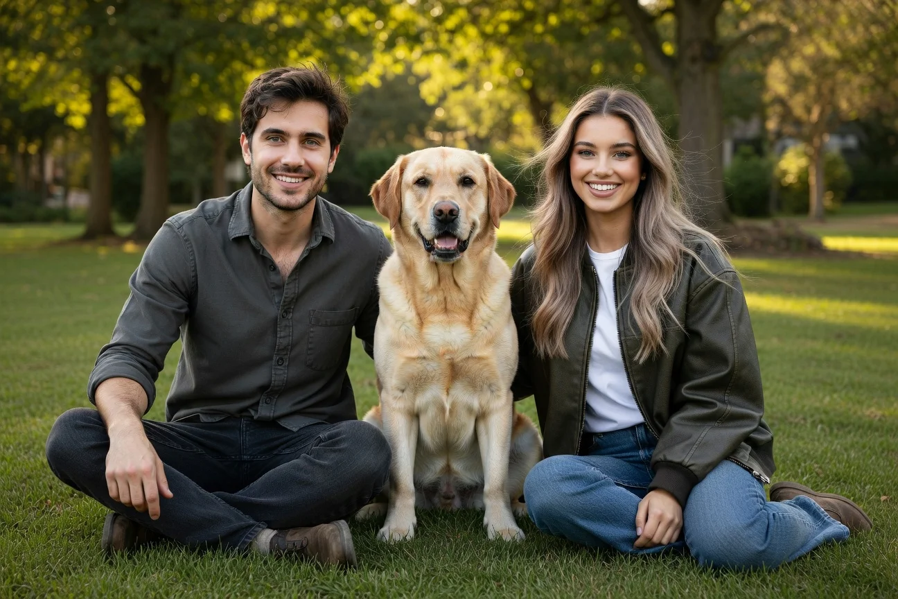 Merged result combining man and puppy and woman