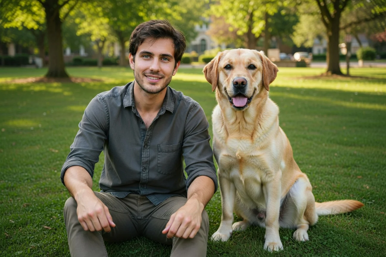 Merged result combining man and puppy