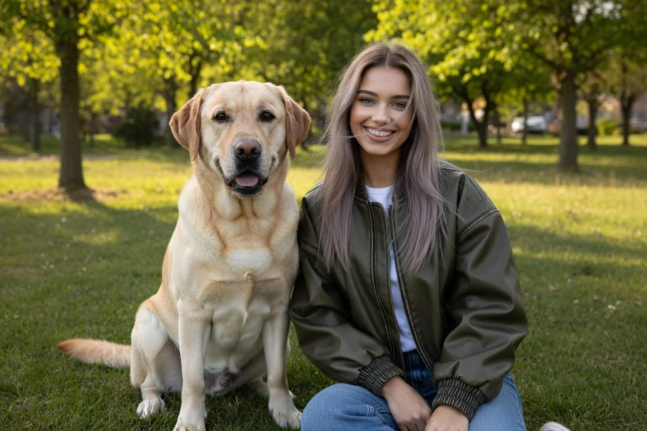 Merged result combining puppy and woman