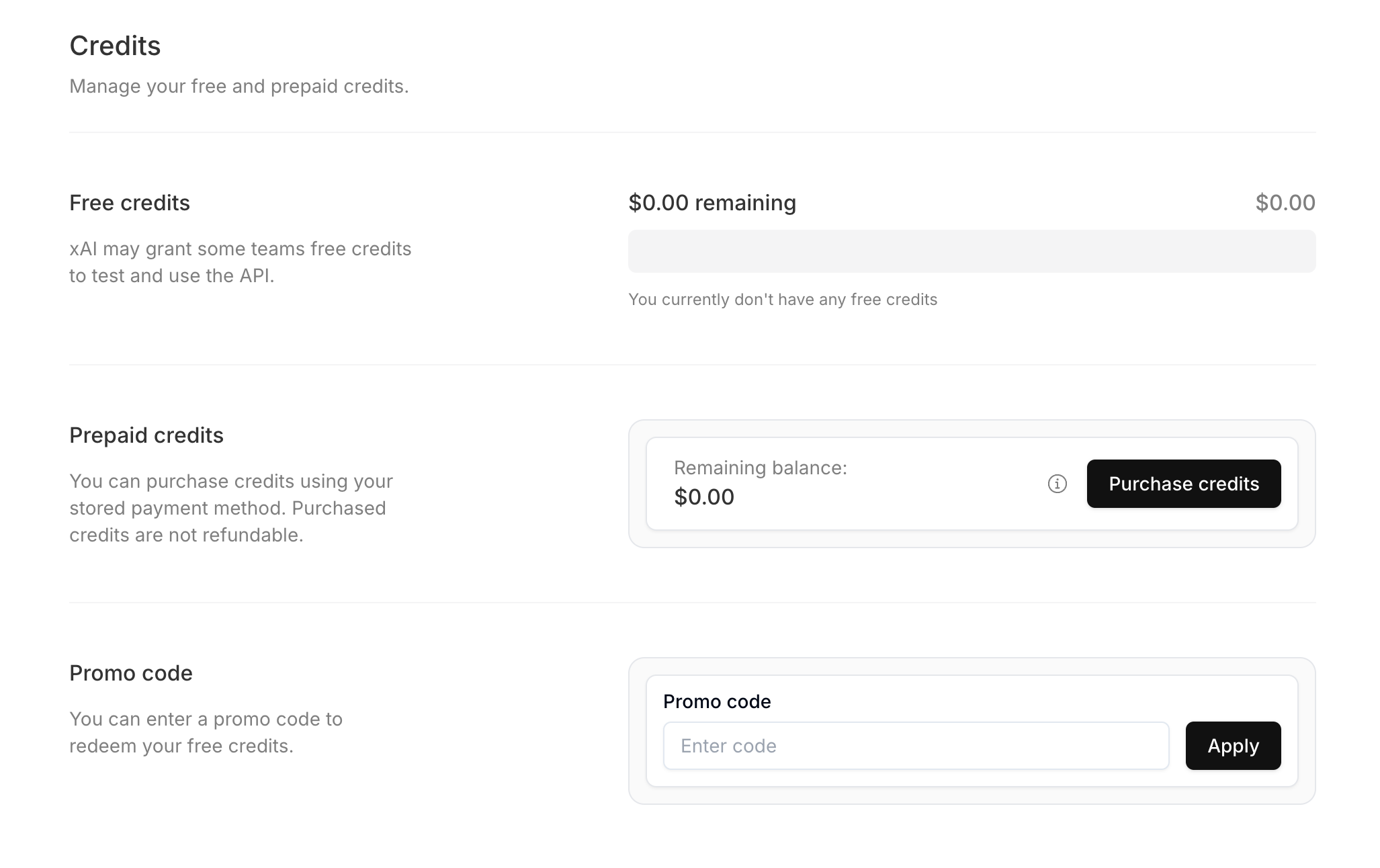 Credits tab of xAI Console billing settings