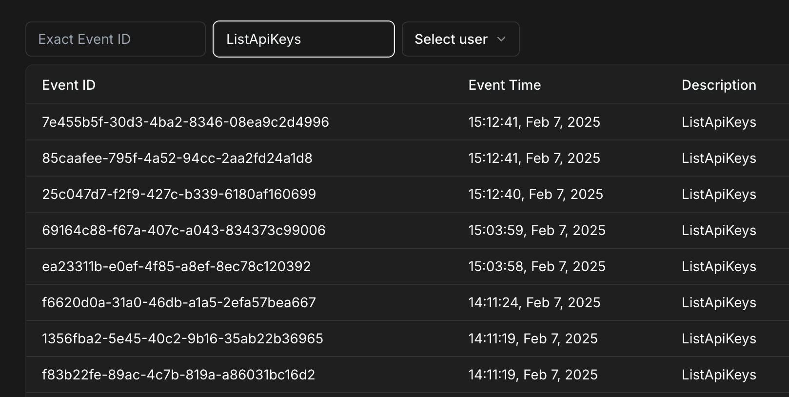 Audit log with filter by API keys